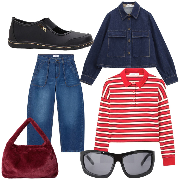 Outfit donna - Sportiva con borsa pelosa. Stile Casual chic per Tutti i giorni. Abbinamento con ballerine, jeans, polo, blazer, occhiali da sole, borse a spalla.
