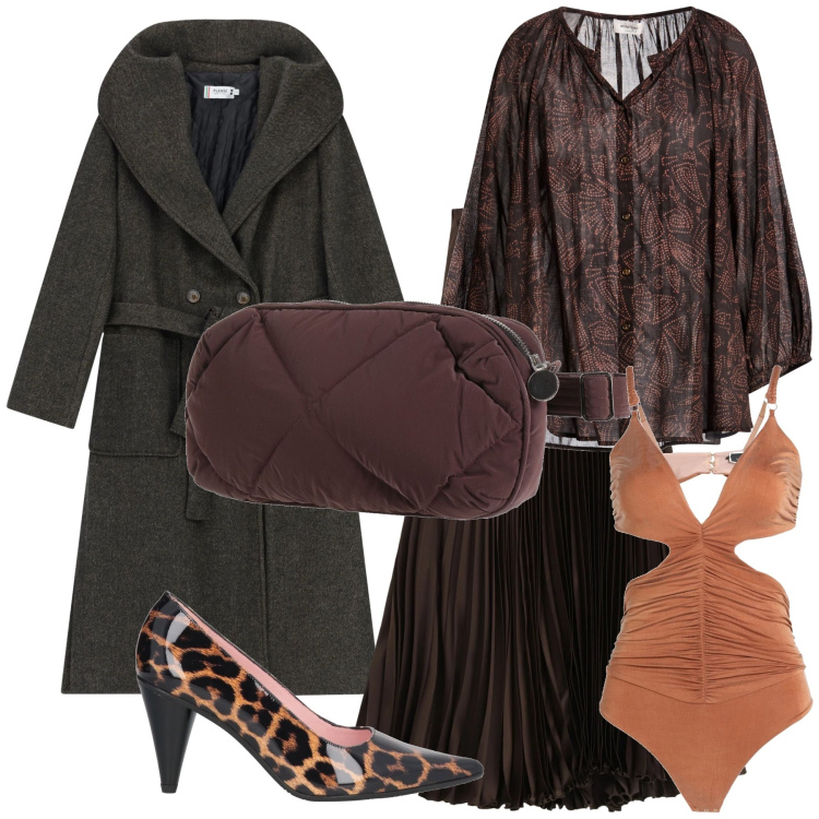 Outfit donna - Al ristorante con lui. Stile Sexy per Serata fuori. Abbinamento con body, décolleté, marsupi, camicie, cappotti, gonne lunghe.