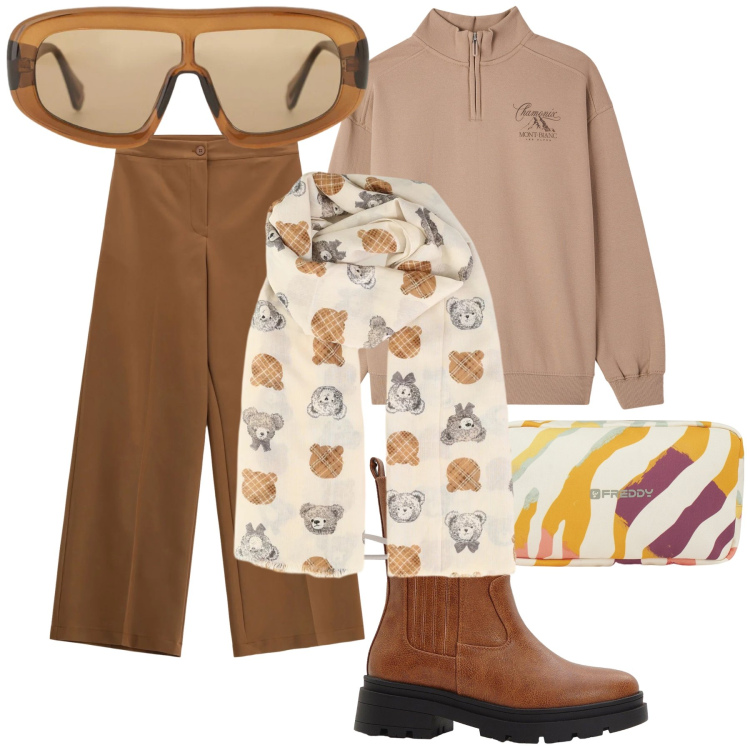 Outfit donna - Amo gli orsetti. Stile Casual per Tutti i giorni. Abbinamento con stivaletti chelsea, pantaloni a palazzo, occhiali da sole, felpe, foulard, valigie.