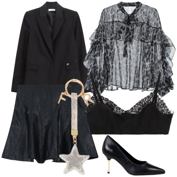 Outfit donna - Sotto le stelle. Stile Glamour per Serata fuori. Abbinamento con minigonne, blazer, bluse, bralette, décolleté, portachiavi.