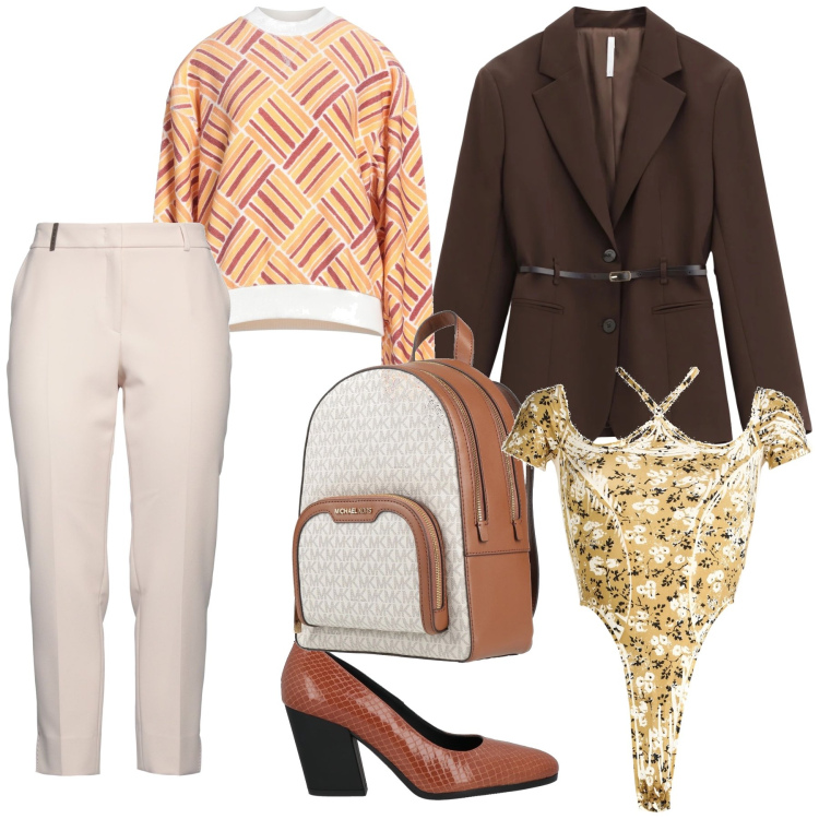 Outfit donna - Ufficio. Stile Trendy per Ufficio. Abbinamento con pantaloni, body, zaini, felpe, décolleté, blazer.