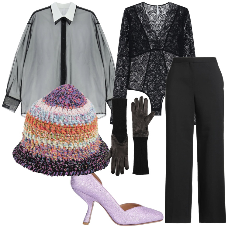 Outfit donna - Trasparenze coperte. Stile Glamour per Serata fuori. Abbinamento con cappelli, décolleté, pantaloni, guanti, camicie, body.