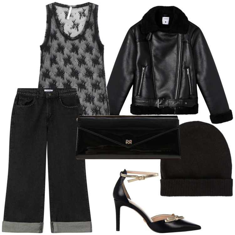 Outfit donna - Caldo giaccone. Stile Glamour per Serata fuori. Abbinamento con giacche, jeans dritti, canottiere, décolleté, pochette, berretti.