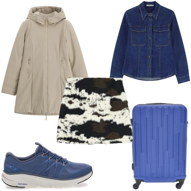 Outfit donna - Please Saldi FW 2025 : si parte!. Stile Basic per Tutti i giorni. Abbinamento con parka, minigonne, camicie, sneakers, valigie.