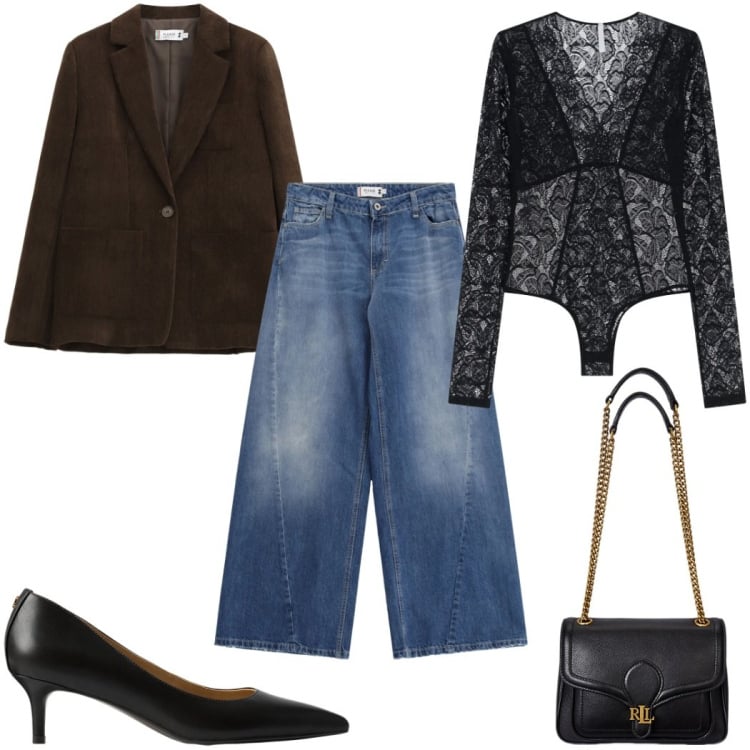 Outfit donna - Please Saldi FW 2025 glamour in jeans. Stile Glamour per Tutti i giorni. Abbinamento con body, jeans, blazer, décolleté, borse a spalla.