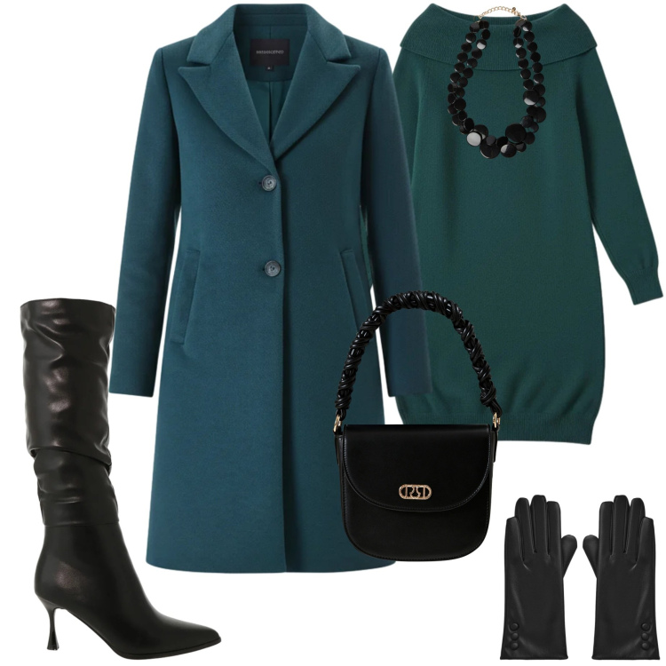 Outfit donna - Un nuovo anno. Stile Casual chic per Ufficio. Abbinamento con guanti, stivali sopra il ginocchio, vestiti corti, cappotti, borse a mano, collane.