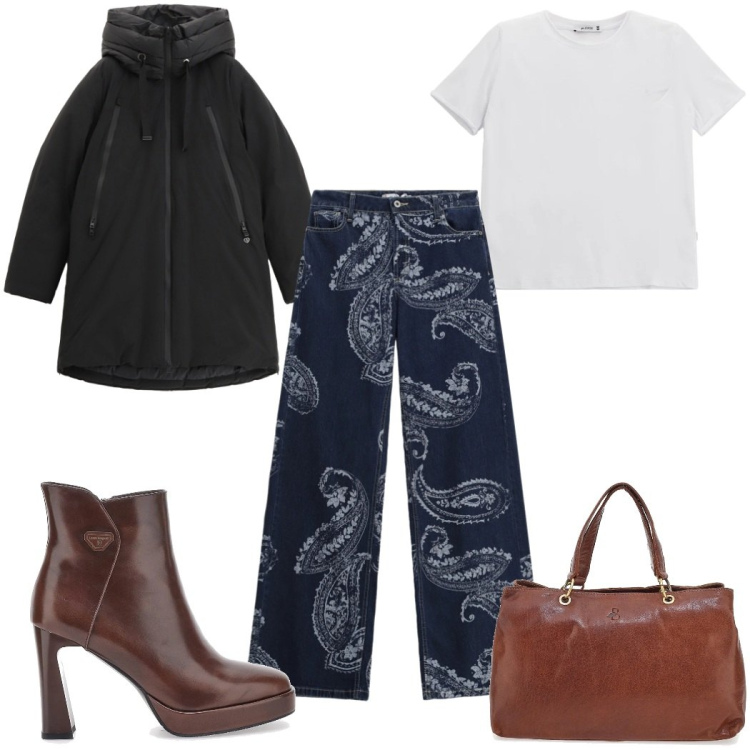 Outfit donna - Please Saldi FW 2025 : casual chic. Stile Casual chic per Tutti i giorni. Abbinamento con jeans, t-shirt, parka, stivaletti, borse a tracolla.