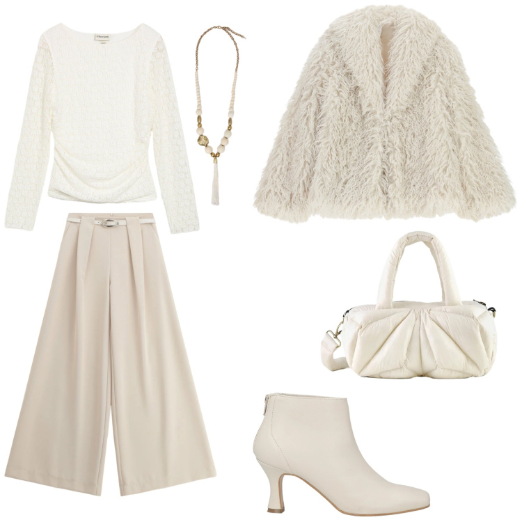 Outfit donna - Panna e avorio. Stile Casual chic per Tutti i giorni. Abbinamento con maglieria, stivaletti, ecopellicce, pantaloni a palazzo, borse a mano, ciondoli.