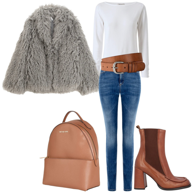 Outfit donna - Casual Chic d’Inverno. Stile Casual per Tutti i giorni. Abbinamento con cinture, zaini, stivaletti chelsea, ecopellicce, jeans skinny, pullovers.