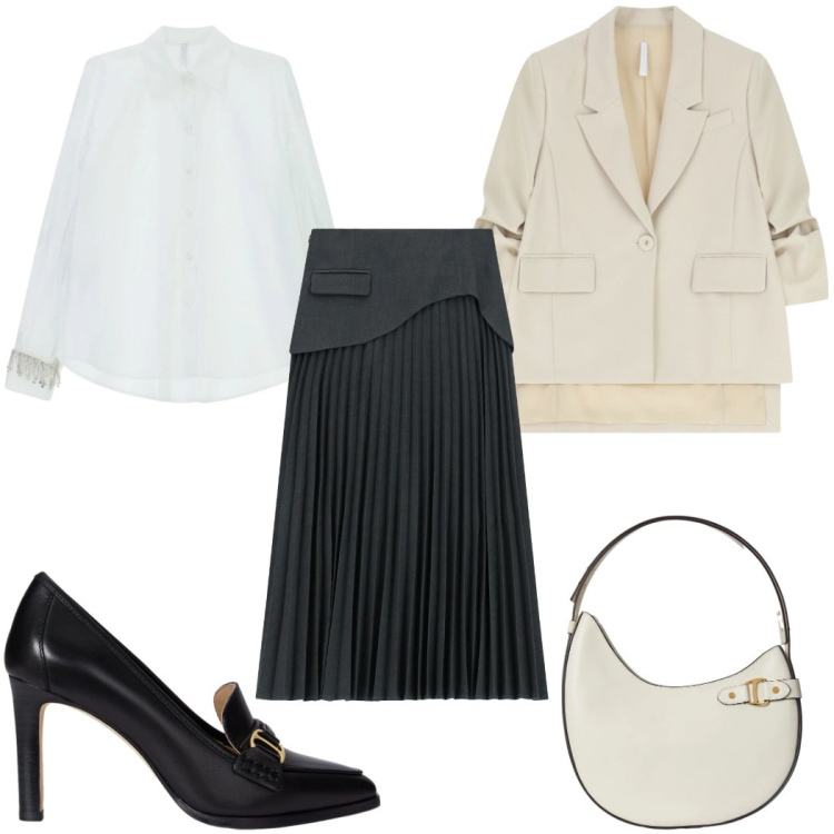 Outfit donna - Imperial - Saldi FW 2025 : Black & White. Stile Trendy per Tutti i giorni. Abbinamento con gonne lunghe, blazer, camicie, décolleté, borse a spalla.