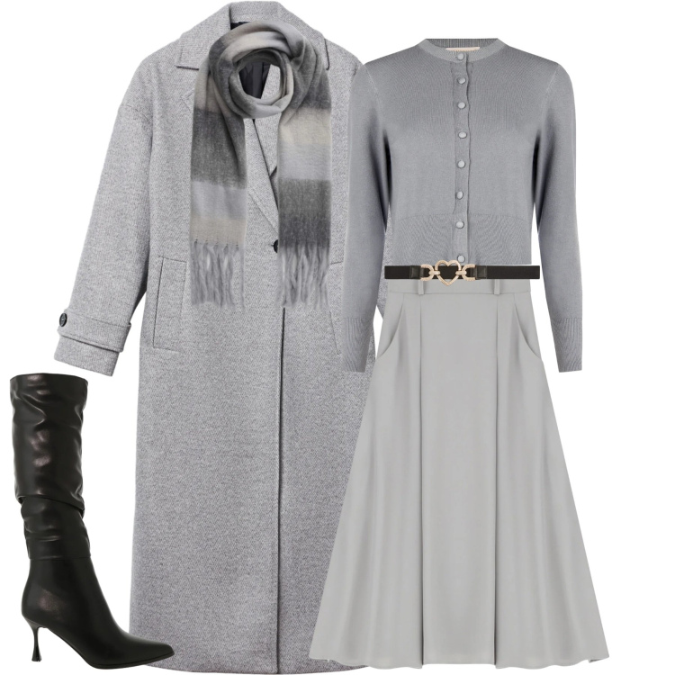 Outfit donna - Winter in soft grey. Stile Urban per Tutti i giorni. Abbinamento con cappotti, cinture, sciarpe, gonne lunghe, stivali sopra il ginocchio, cardigans.