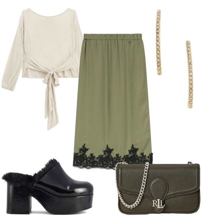 Outfit donna - Dixie - Saldi FW 2025 : in verde. Stile Trendy per Tutti i giorni. Abbinamento con top, gonne, orecchini, clutch, sabot.