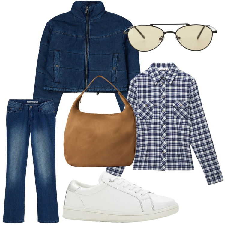 Outfit donna - Avventure a quadri. Stile Casual per Tutti i giorni. Abbinamento con jeans bootcut, sneakers, blazer, borse a mano, camicie, occhiali da sole.