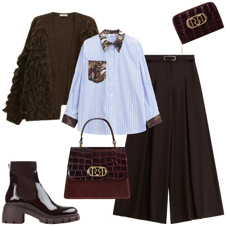 Outfit donna - Si riparte. Stile Urban per Tutti i giorni. Abbinamento con stivaletti, cardigans, camicie, pantaloni, portafogli, borse a mano.