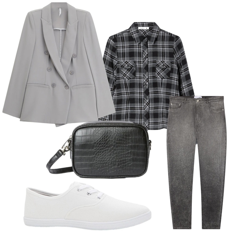 Outfit donna - Dall\'ufficio all\'aperitivo. Stile Casual chic per Ufficio. Abbinamento con sneakers, jeans skinny, camicie, blazer, borse a tracolla.