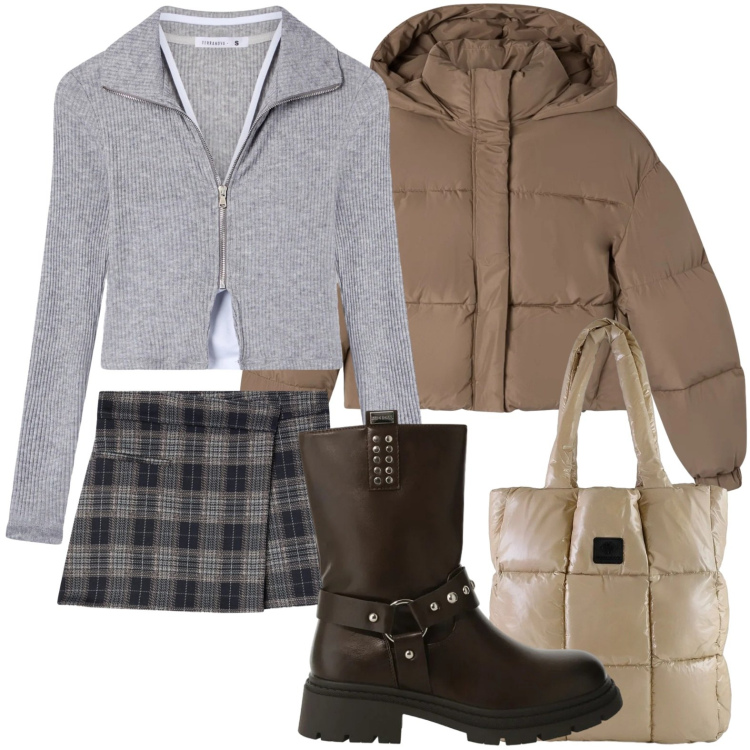 Outfit donna - Elogio alla praticità. Stile Minimal per Scuola/Università. Abbinamento con minigonne, felpe, bomber, stivali, shopping bag.