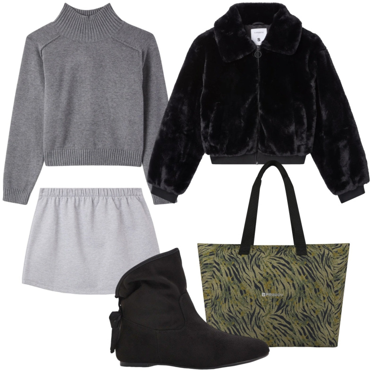 Outfit donna - La pelliccia alleata quotidiana. Stile Minimal per Tutti i giorni. Abbinamento con stivaletti, ecopellicce, gonne, maglieria, shopping bag.