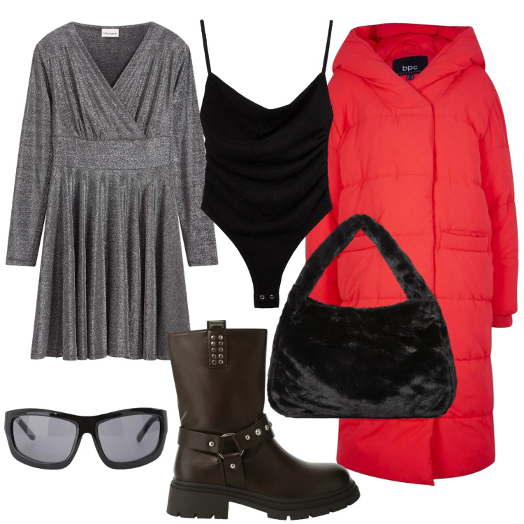 Outfit donna - Il giubbotto papavero oversize. Stile Glamour per Ufficio. Abbinamento con vestiti, piumini, body, occhiali da sole, stivali, borse a spalla.