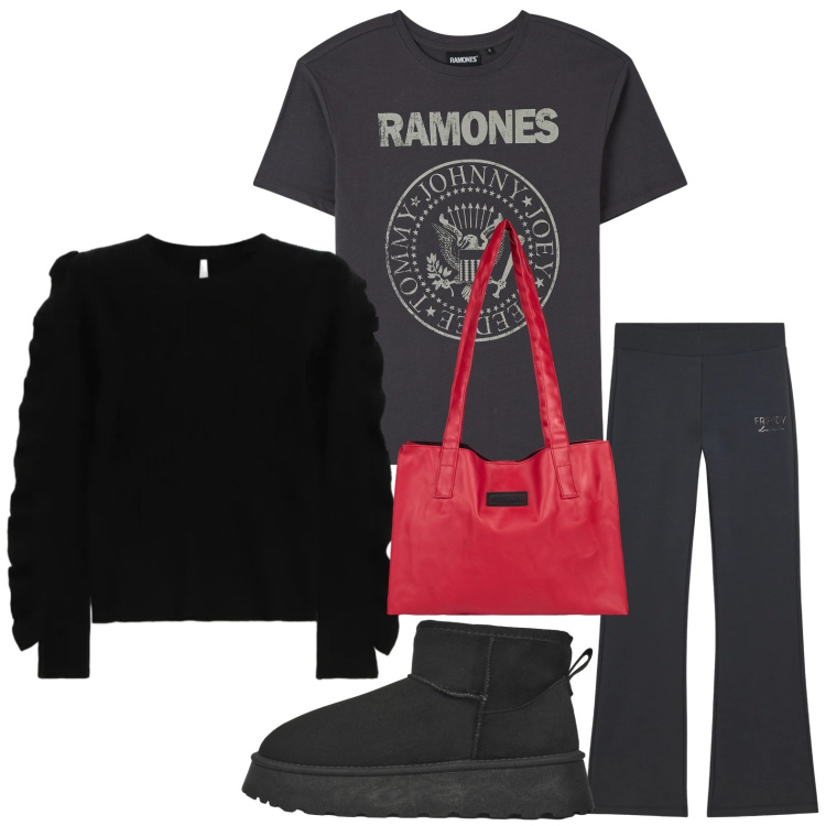Outfit donna - Ritorno al black. Stile Casual per Tutti i giorni. Abbinamento con t-shirt, stivaletti, maglieria, shopping bag, pantaloni.