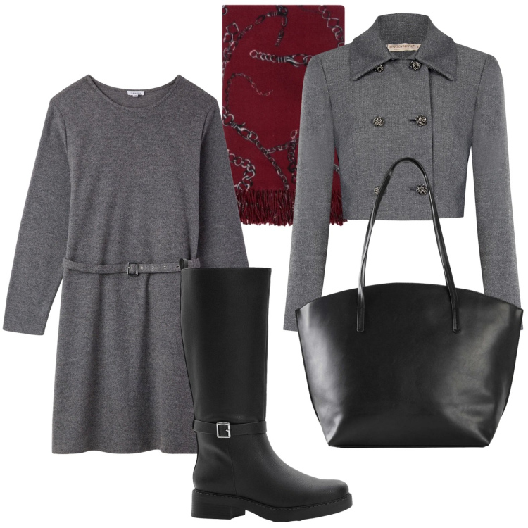 Outfit donna - Da mattina a sera. Stile Chic per Ufficio. Abbinamento con shopping bag, stivali, vestiti corti, blazer, sciarpe.