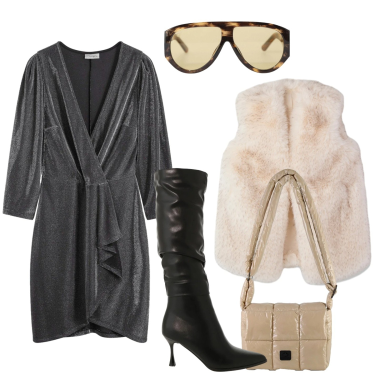 Outfit donna - L\'abito drappeggiato. Stile Glamour per Serata fuori. Abbinamento con vestiti, piumini, occhiali da sole, stivali sopra il ginocchio, borse a spalla.