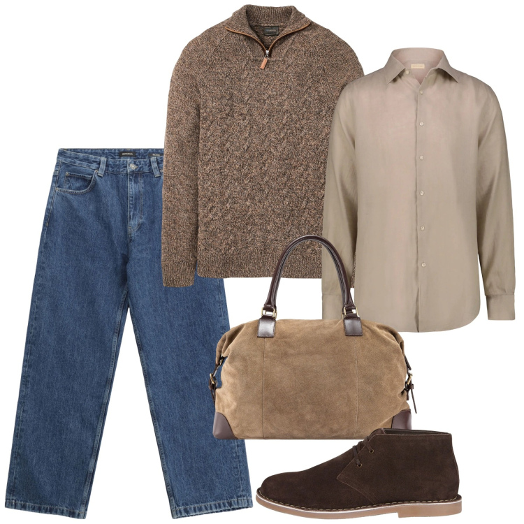 Outfit uomo - Nocciola e jeans. Stile Casual per Tutti i giorni. Abbinamento con maglieria, jeans, camicie, stivali e stivaletti, borse sportive.