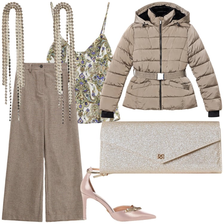 Outfit donna - Cena sporty chic. Stile Sporty chic per Serata fuori. Abbinamento con piumini, orecchini, pantaloni a palazzo, top, décolleté, pochette.