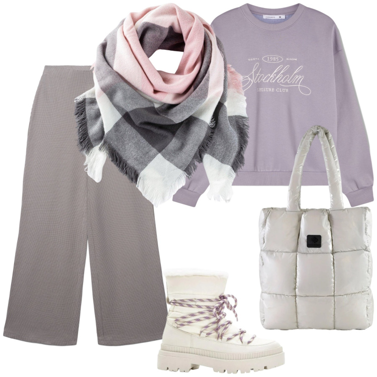 Outfit donna - Un caldo sciarpone. Stile Casual per Tutti i giorni. Abbinamento con foulard, stivali da neve, pantaloni, felpe, shopping bag.