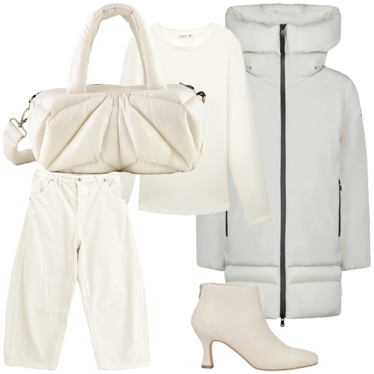 Outfit donna - Neve. Stile Glamour per Ufficio. Abbinamento con stivaletti, t-shirt, pantaloni, borse a mano, piumini.