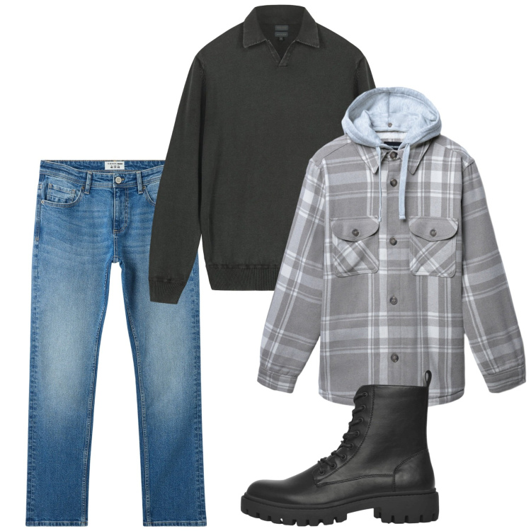Outfit uomo - Gennaio. Stile Casual per Tutti i giorni. Abbinamento con jeans, anfibi, cappotti, maglieria.