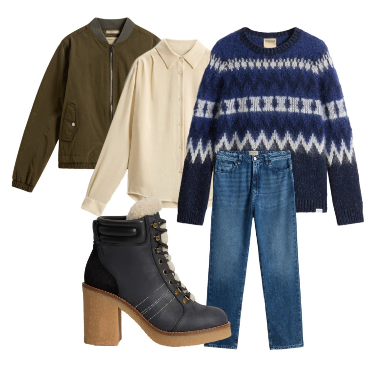 Outfit donna - Holiday Look Woolrich. Stile Basic per Tutti i giorni. Abbinamento con jeans, stivaletti, camicie, bomber, maglieria.