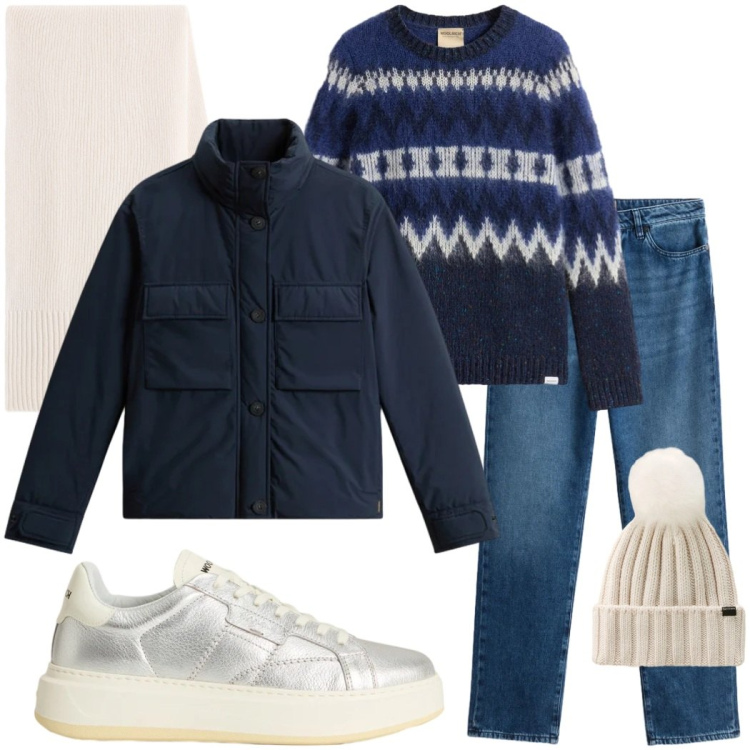 Outfit donna - Saldi Woolrich. Stile Urban per Tutti i giorni. Abbinamento con jeans, blazer, sneakers, maglieria, berretti, sciarpe.