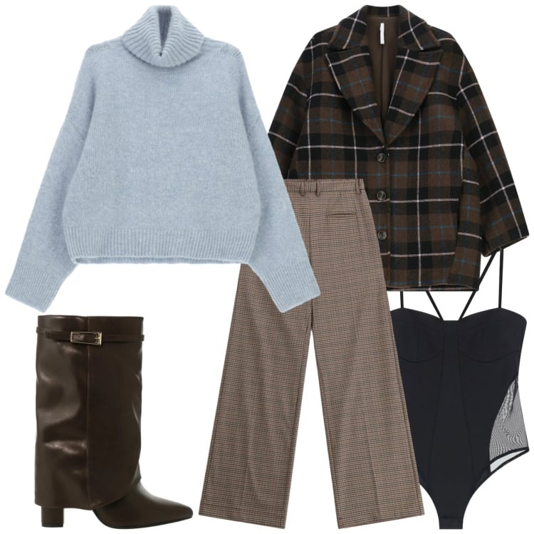 Outfit donna - Imperial - Saldi FW 2025. Stile Romantica per Ufficio. Abbinamento con cappotti, pantaloni a palazzo, body, stivali, maglieria.