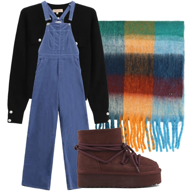 Outfit donna - Il denim protagonista. Stile Urban per Tutti i giorni. Abbinamento con cardigans, salopette, sciarpe, stivaletti.