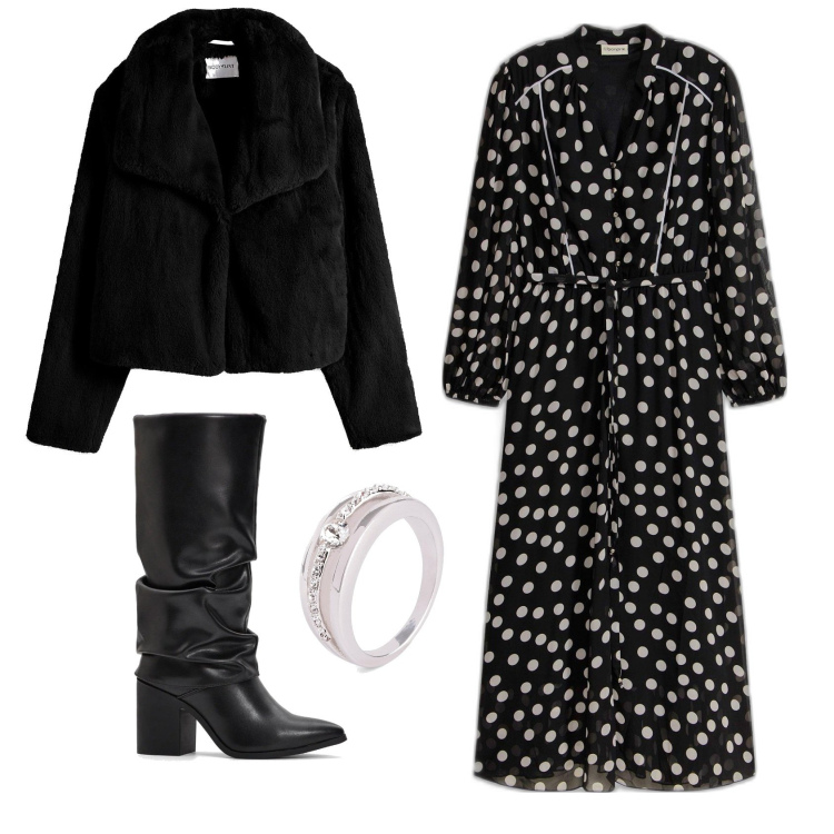 Outfit femme - Robe a pois. Style Vintage rétro pour Tous les jours. Assortir avec robes, bagues, chemisiers, bottes.