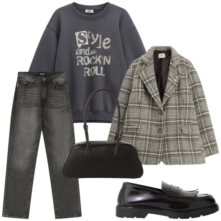 Outfit donna - Dixie - Saldi FW 2025. Stile Mannish per Tutti i giorni. Abbinamento con blazer, jeans dritti, felpe, mocassini, borse a mano.