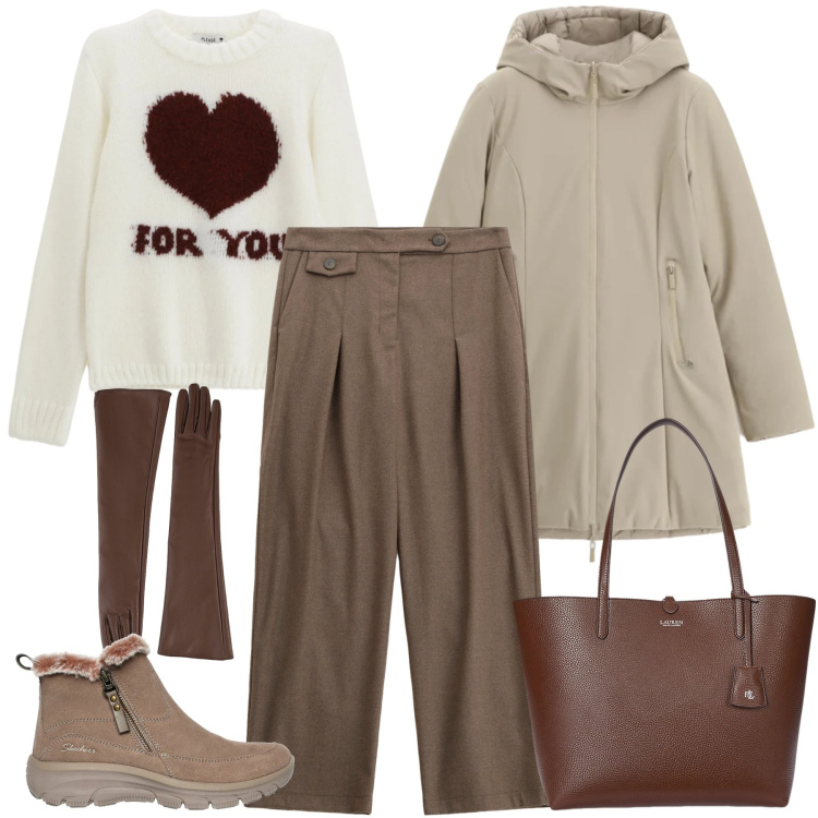 Outfit donna - Please Saldi FW 2025. Stile Urban per Ufficio. Abbinamento con parka, pantaloni, pullovers, borse tote, guanti, stivaletti.