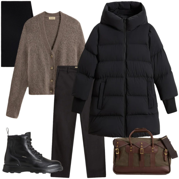 Outfit donna - Saldi Woolrich. Stile Urban per Tutti i giorni. Abbinamento con borse a tracolla, piumini, cardigans, anfibi, pantaloni, sciarpe.