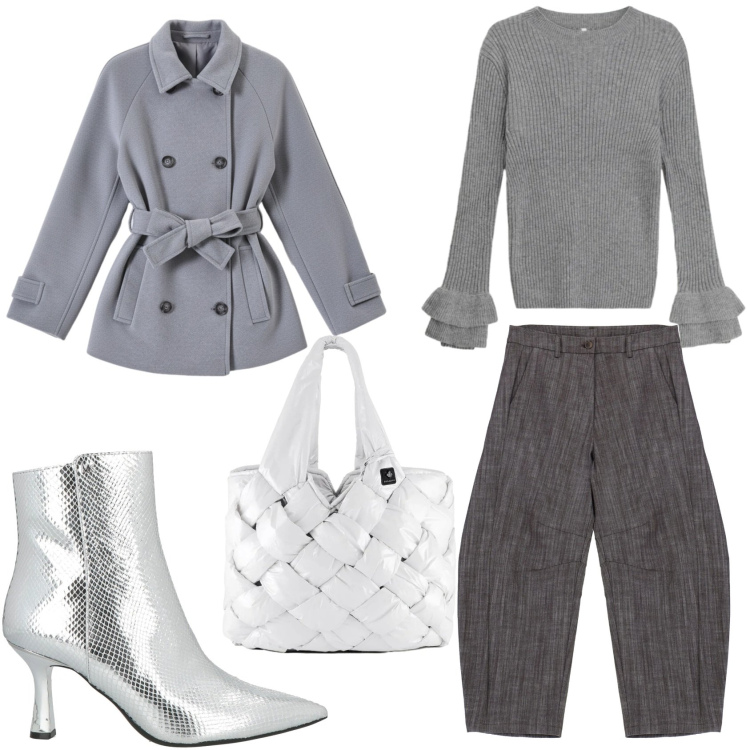 Outfit donna - Gennaio in grigio. Stile Casual chic per Serata fuori. Abbinamento con stivaletti, maglieria, pantaloni, borse tote, caban.