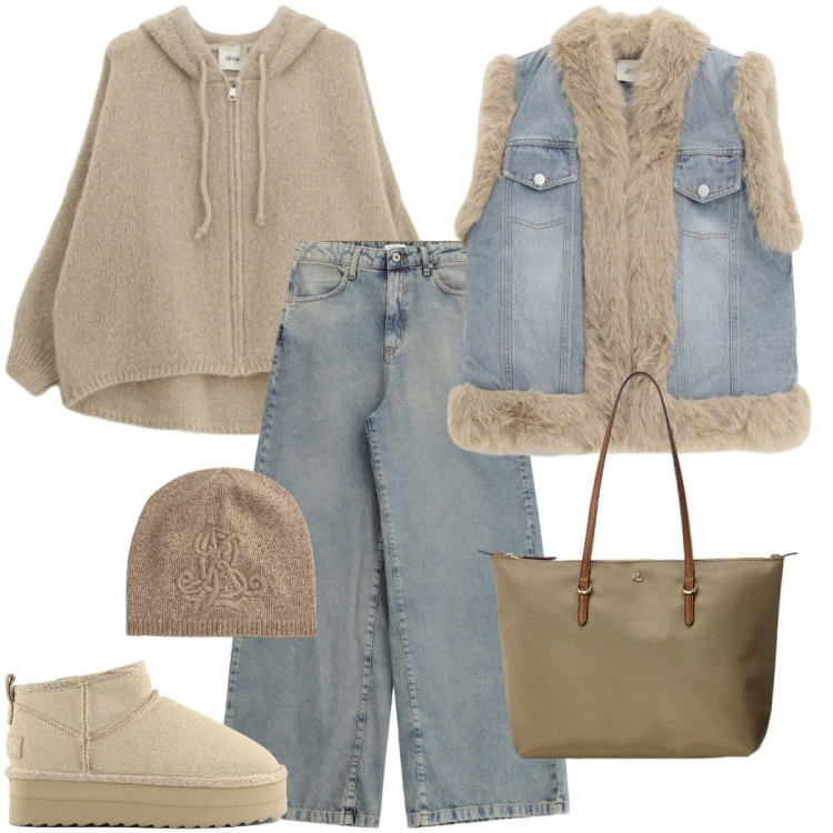 Outfit donna - Saldi Dixie. Stile Glamour per Tutti i giorni. Abbinamento con borse tote, berretti, cardigans, jeans, gilet, stivaletti.