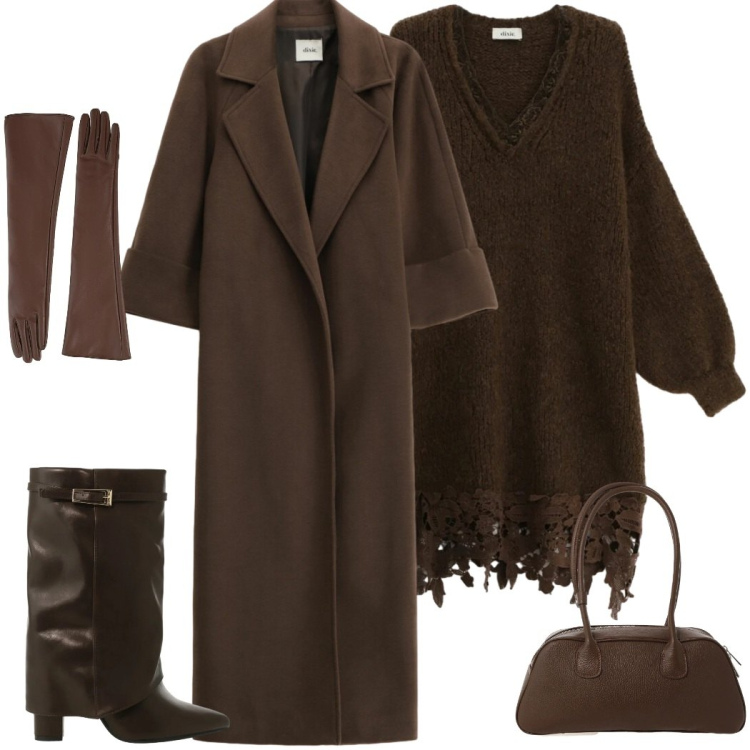 Outfit donna - Saldi Dixie. Stile Casual chic per Serata fuori. Abbinamento con stivali, vestiti corti, cappotti, borse a mano, guanti.