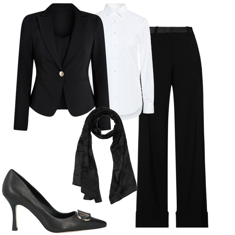 Outfit donna - B&W. Stile Chic per Tutti i giorni. Abbinamento con pantaloni, sciarpe, décolleté, camicie, blazer.