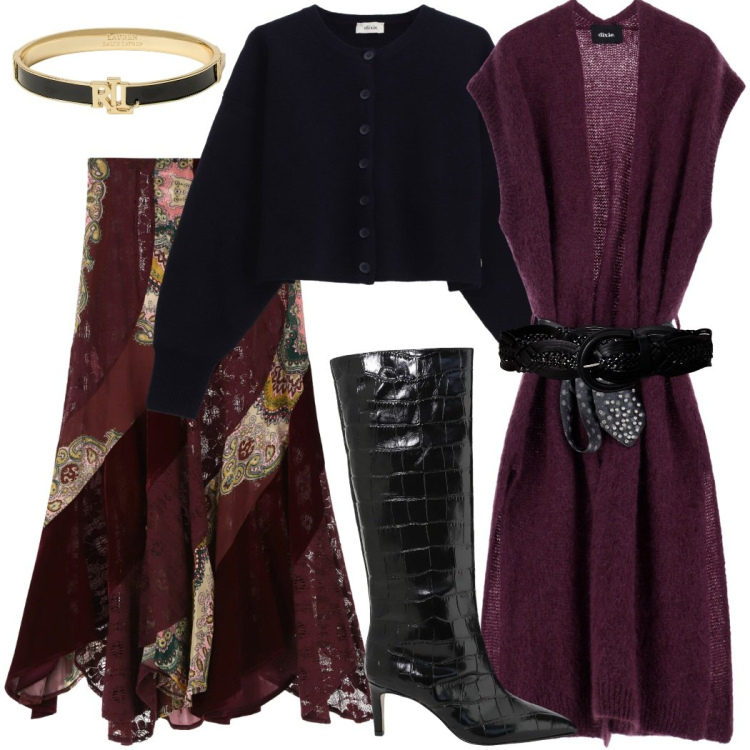 Outfit donna - Saldi Dixie. Stile Sporty chic per Serata fuori. Abbinamento con cinture, braccialetti, cardigans, gilet, stivali, gonne lunghe.