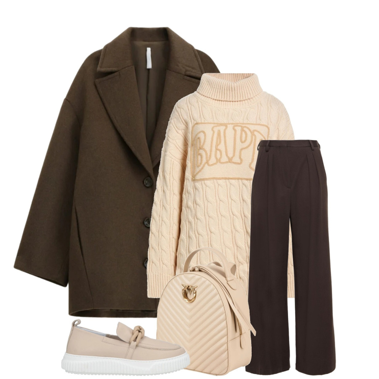 Outfit donna - Caldo e avvolgente inverno. Stile Casual chic per Tutti i giorni. Abbinamento con mocassini, pantaloni, zaini, maglieria, cappotti.