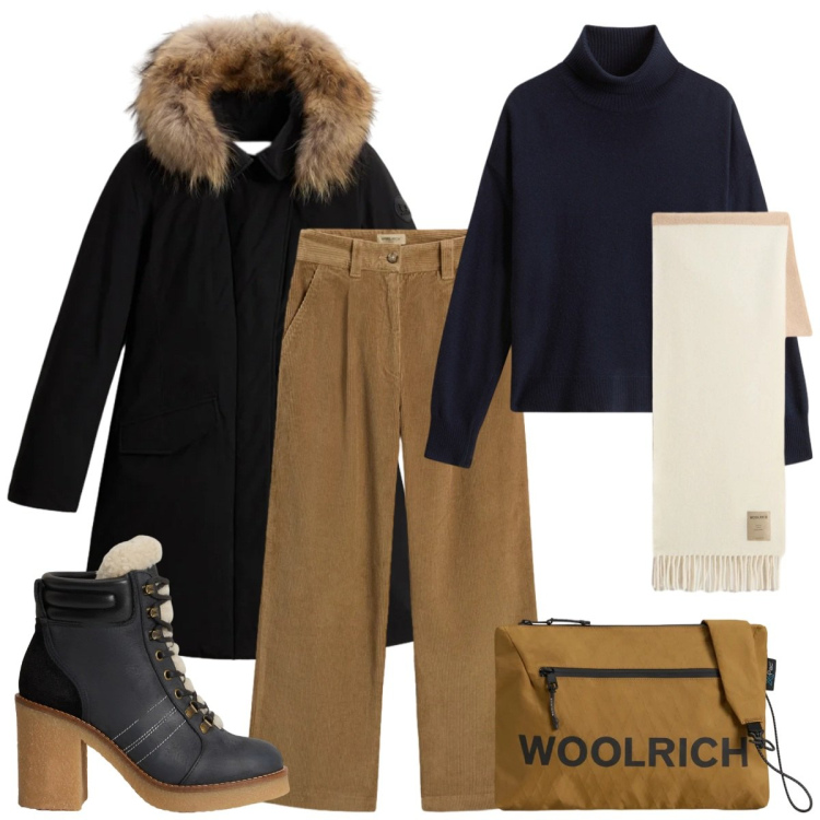 Outfit donna - Saldi invernali. Stile Casual per Tutti i giorni. Abbinamento con borse a tracolla, parka, maglieria, pantaloni, sciarpe, stivaletti.