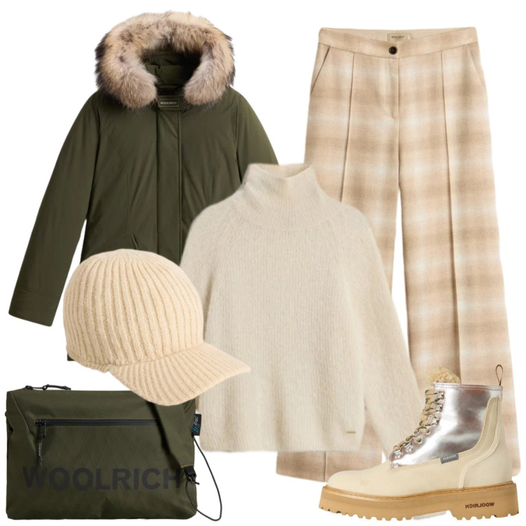 Outfit donna - Giornate fredde. Stile Casual per Tutti i giorni. Abbinamento con borse a tracolla, parka, maglieria, anfibi, cappelli, pantaloni.