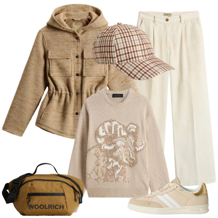 Outfit donna - Sabato mattina libero. Stile Casual per Tutti i giorni. Abbinamento con borse a tracolla, sneakers, pantaloni, cappelli, blazer, maglieria.