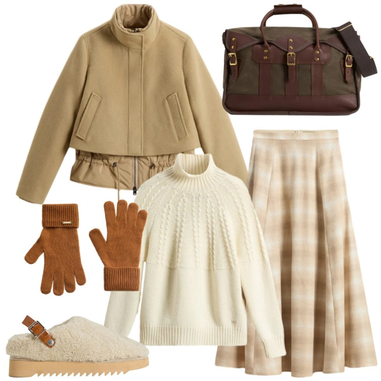Outfit donna - Fa freddo. Stile Basic per Tutti i giorni. Abbinamento con borse a tracolla, maglieria, sabot, gonne lunghe, guanti, blazer.