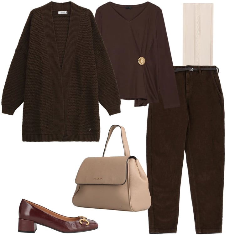 Outfit donna - Il cardigan ampio - curvy style. Stile Casual chic per Tutti i giorni. Abbinamento con zaini, décolleté, pantaloni chino, cardigans, sciarpe, t-shirt.