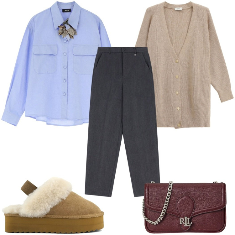 Outfit donna - Dixie - Saldi FW 2025: il cardigan. Stile Trendy per Tutti i giorni. Abbinamento con pantaloni, cardigans, camicie, clutch, sabot.